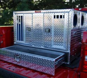 Dog Box 55080W Pro Hunter Series Double Compartment with Bottom Drawer / 46 W x 45 D x 32 H / Bear/Cat / Special Order / Striker Holes / Diamond Tread Aluminum / Owens Products